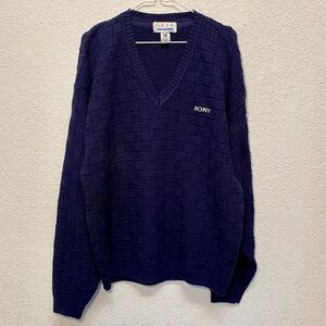 Vintage SONY Sweater Men’s XL Navy Blue Chunky Knit 100% Cotton V-Neck Vtg Tech